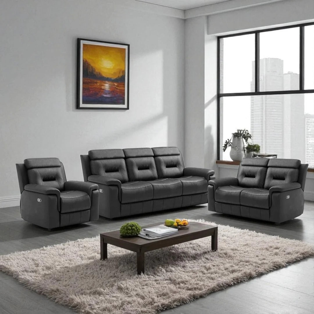 Rivaro Recliner Set Midnight Black | Genuine Leather Manual Recliner Chair, Loveseat & Sofa