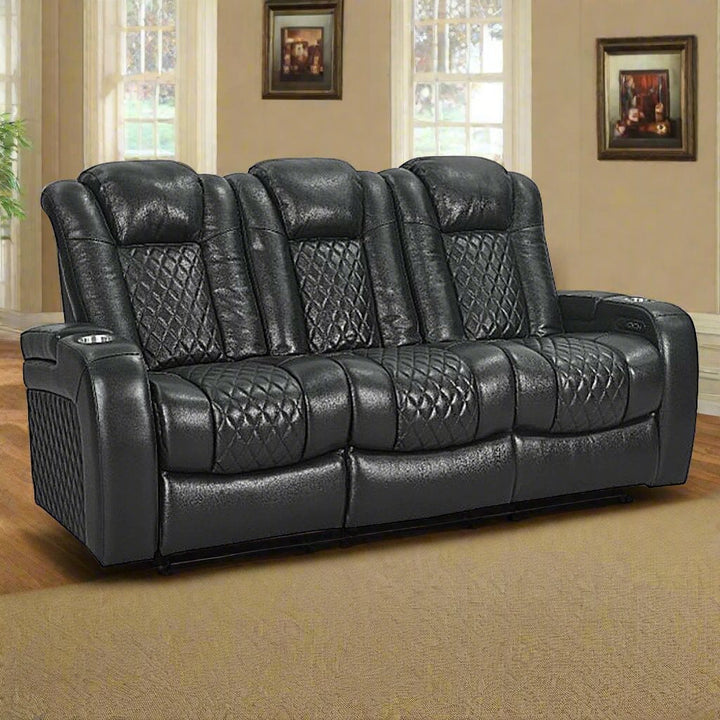Trivon Recliner Sofa – Black Power Luxury with Smart Features