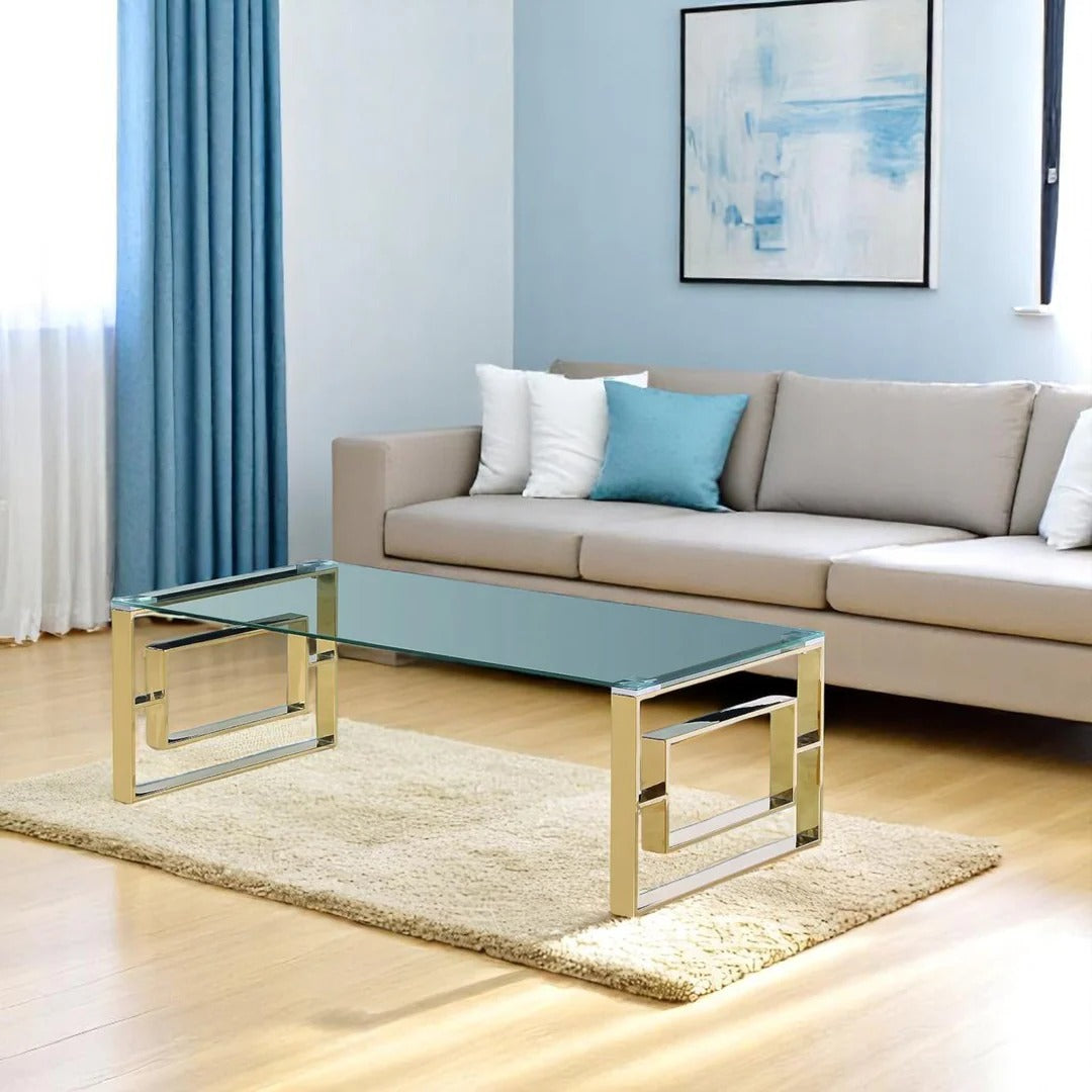 Orabella Coffee Table – Clear Tempered Glass Top & Gold Stainless Steel Base