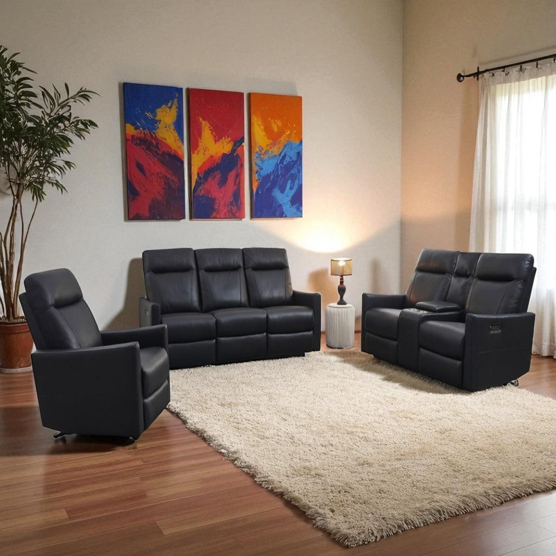 Solace Power Recliner Set – Chair, Loveseat & Sofa in Black Leathaire