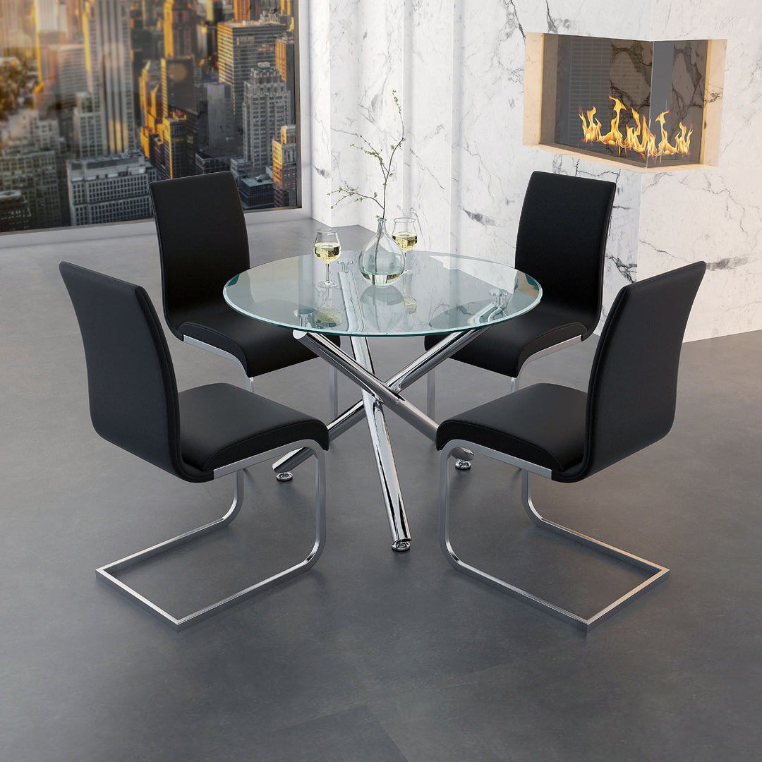 Soreno Dining Table – 10mm Clear Tempered Glass Top with Brushed Stainless Steel Accents And Chrome Metal Crossover Base for Contemporary Dining Spaces