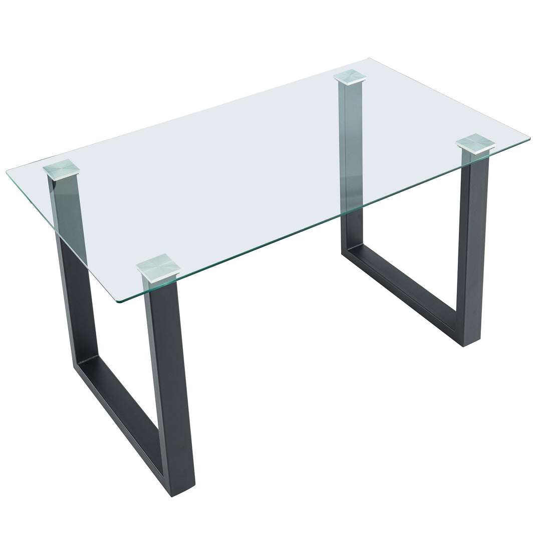 Alvara Contemporary Glass Dining Table – Rectangular 8mm Tempered Glass Top with Black Metal Legs and Brushed Stainless Steel Holders Compact Modern Dining Table
