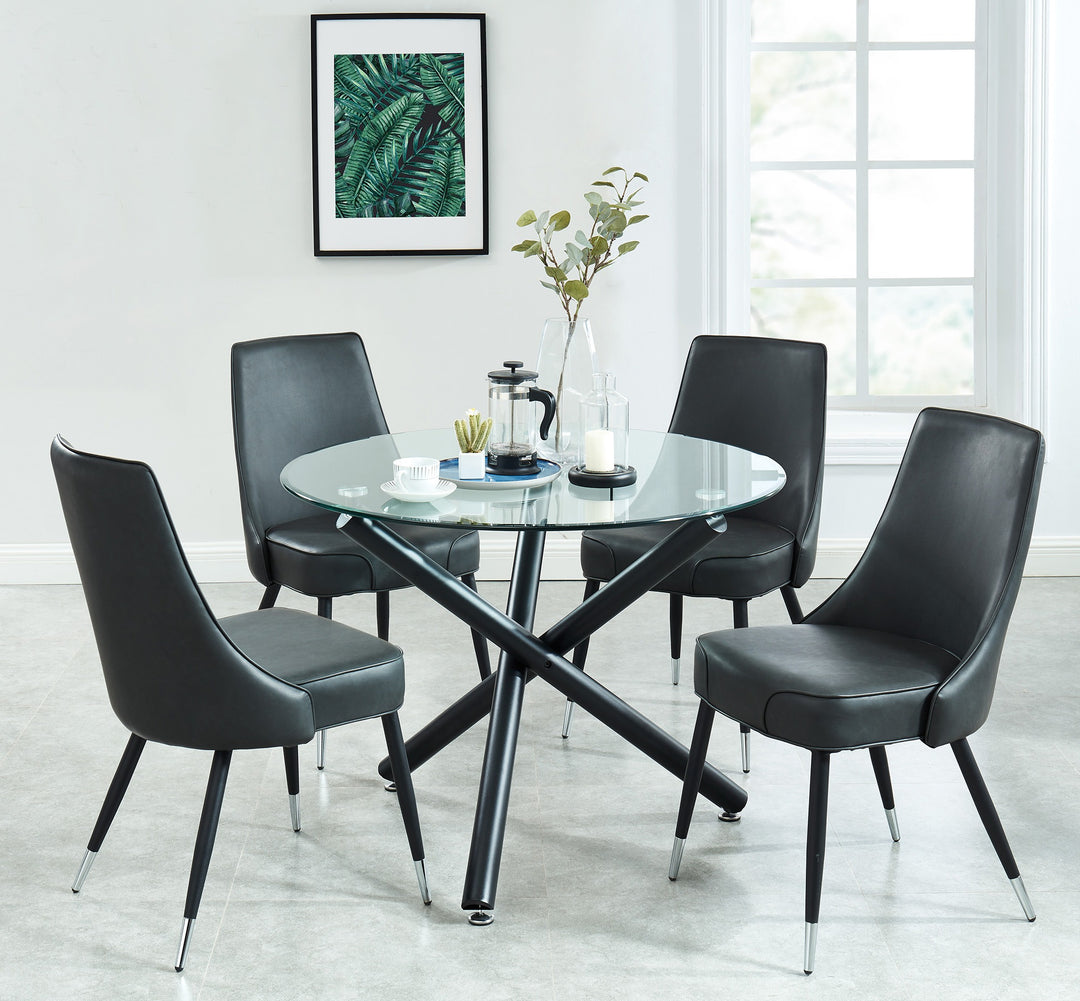 Sorran Contemporary Round Dining Table – Clear Tempered Glass Top with Brushed Stainless Steel Accent, Matte Black Crossover Metal Base and Modern Design Dining Table
