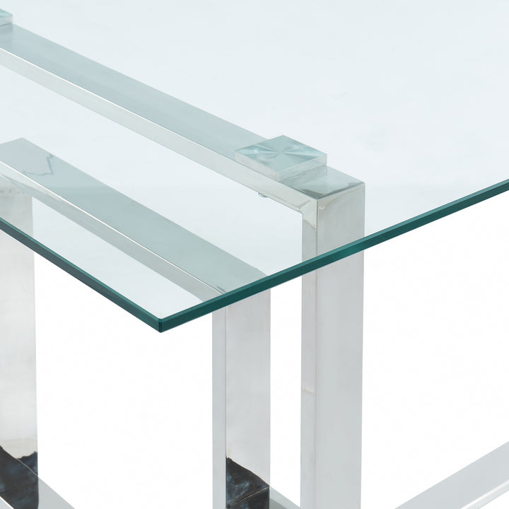 Kenvor Contemporary Glass Dining Table – 71" Rectangular 12mm Tempered Glass Top with Geometric Lattice Stainless Steel Frame and Polished Silver Finish Modern Dining Table