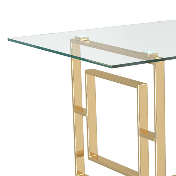 Arvello Contemporary Glass Dining Table – Rectangular Tempered Glass Top with Geometric Lattice Stainless Steel Frame and Polished Gold Finish Modern Luxury Dining Table