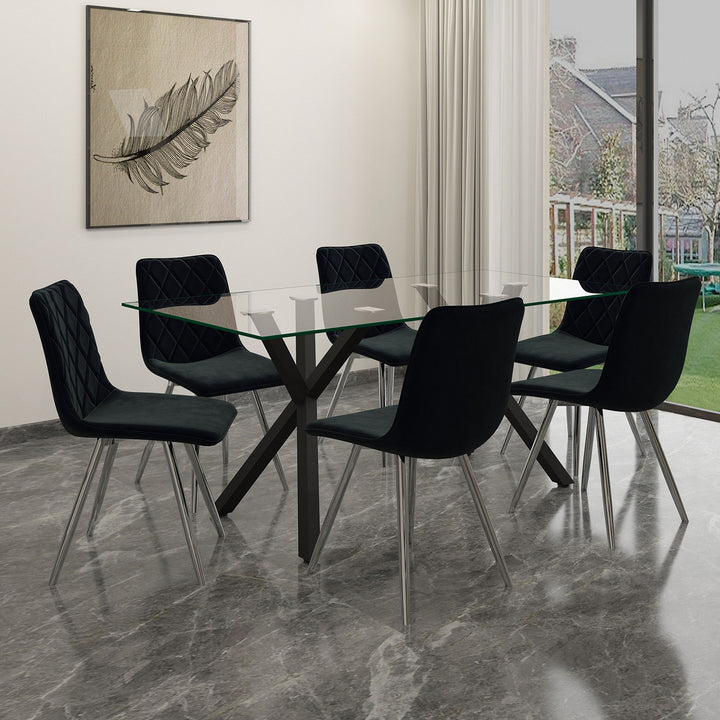 Eldora Contemporary Glass Dining Table – Rectangular Tempered Glass Top with Matte Black Metal Legs, Brushed Stainless Steel Holders and Geometric Modern Design Dining Table