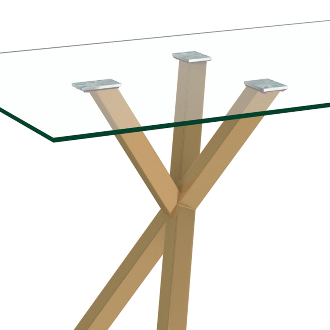 Ravello Contemporary Glass Dining Table – Rectangular Tempered Glass Top with Aged Gold Metal Legs, Brushed Stainless Steel Holders and Geometric Modern Design Dining Table