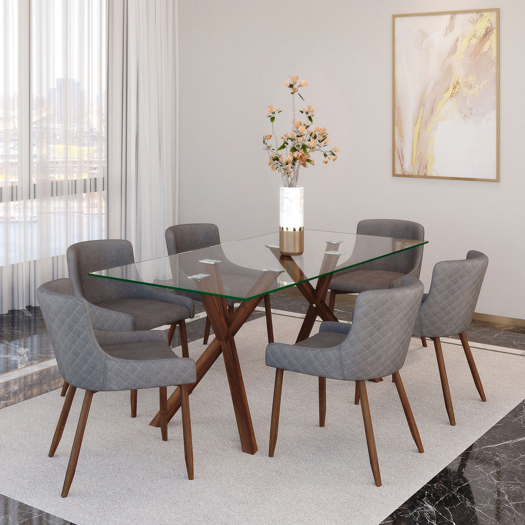 Aeris Contemporary Glass Dining Table – Rectangular Tempered Glass Top with Walnut Finish Metal Legs, Brushed Stainless Steel Holders and Geometric Modern Design Dining Table
