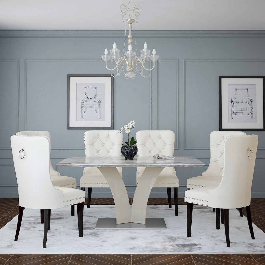 Casavon Modern Dining Table – Rectangular Faux Marble Laminated Veneer Top with Geometric Grey Posts and Stainless Steel Wrapped Engineered Wood Base Dining Table