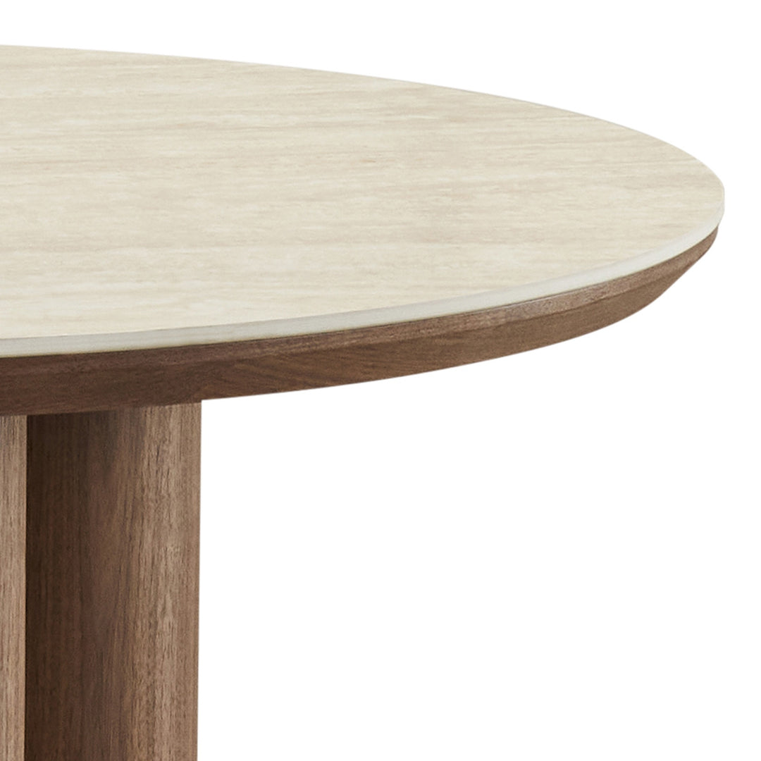 Orlancia Mid-Century Modern Round Dining Table – Sintered Stone Travertine Top with Walnut Veneer Pedestal Base and Beveled Edge Dining Table