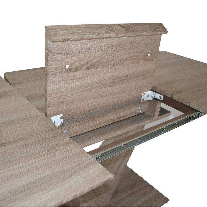 Eldora Contemporary Extendable Dining Table – Washed Oak Wood Grain Top with Butterfly Extension, Double Prism Pedestal Base and Modern Dining Design