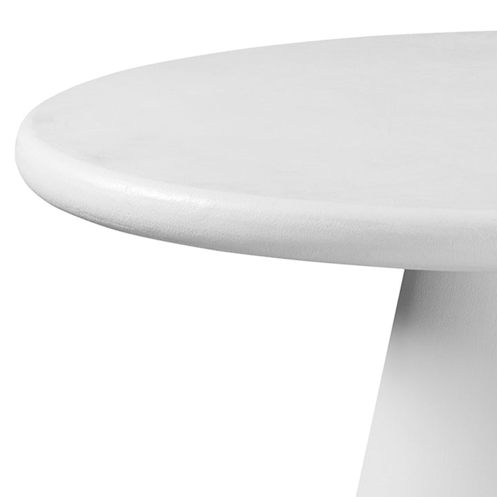 Kenvor Contemporary Round Dining Table – White Cement Finish Table with Thick Rounded Edge Top and Cone Pedestal Base Modern Dining Table