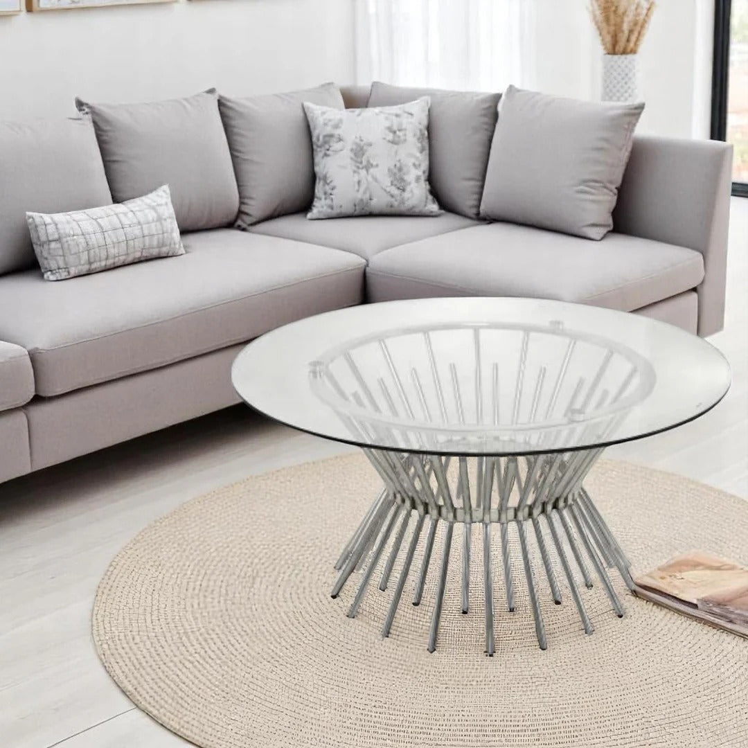 Empyrean Round Coffee Table – Glass Top & Brushed Silver Base
