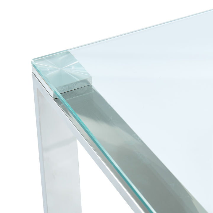Elsinora Contemporary Coffee Table – 8mm Clear Tempered Glass Top with Stainless Steel Frame (Polished Silver Finish)