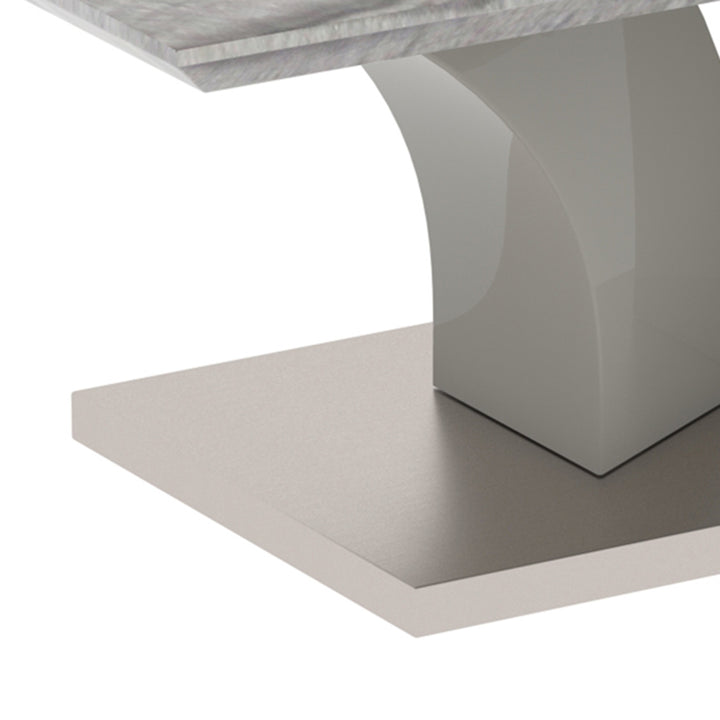 Omnira Modern Coffee Table – Reverse Bevel Faux Marble Top with Geometric Grey Posts & Stainless Steel Wrapped Base