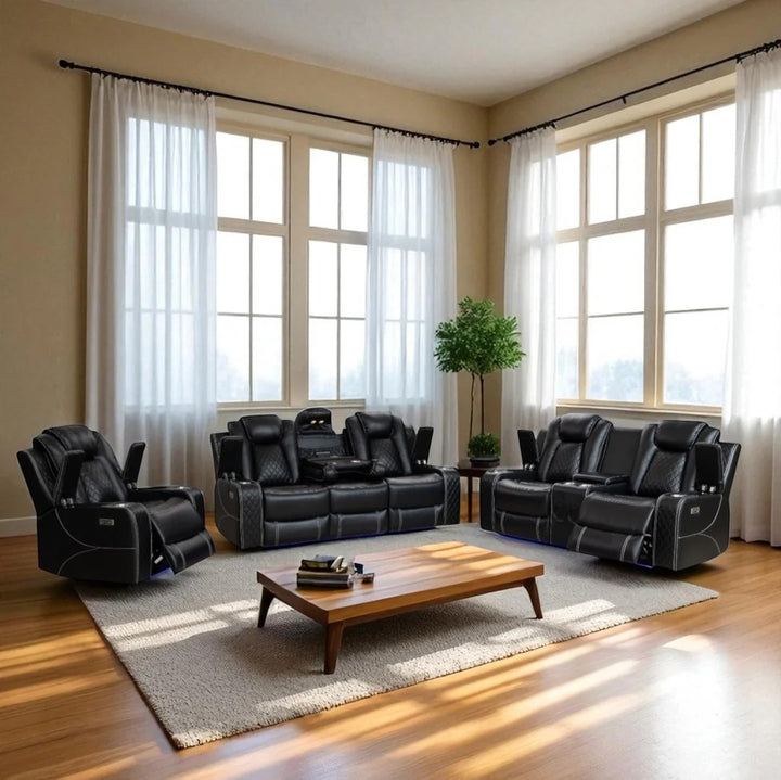 Silvara Recliner Set – Black Power Recliner Chair, Loveseat & Sofa with LED Lights, Bluetooth Speakers and Smart Storage