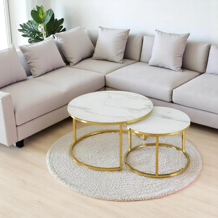 Velluto Coffee Table – Marble Tempered Glass Top & Gold Stainless Steel Base