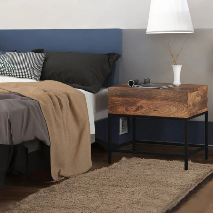 Celeste Accent Table – Solid Wood & Black Metal Frame