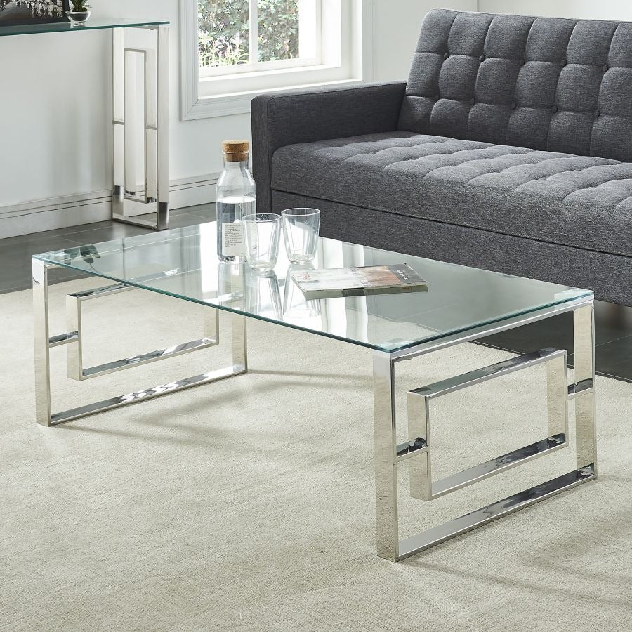 Jivin Coffee Table – Clear Tempered Glass Top & Silver Stainless Steel Base