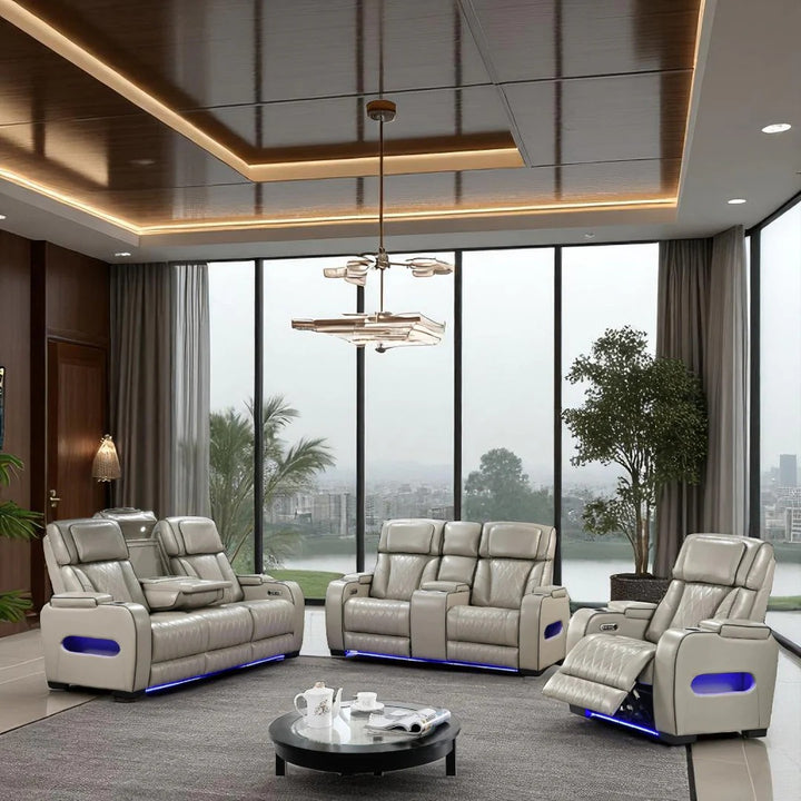 Tivaro Power Recliner Set – Warm Grey Zero-Gravity Sofa with Massage, Heat & LED Lights