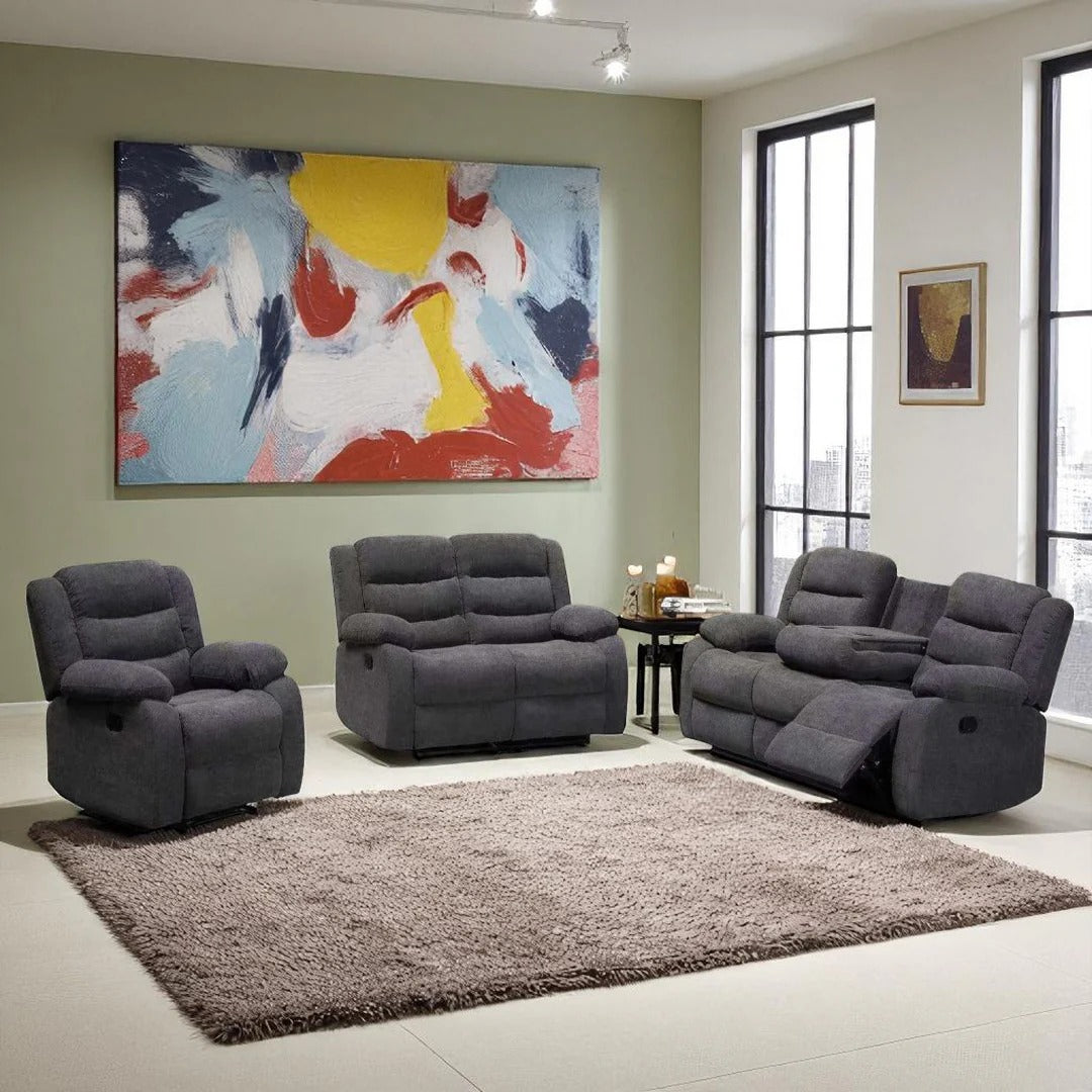 Cosmo Grey Recliner Set | Fabric Manual Recliner Chair, Loveseat & Sofa