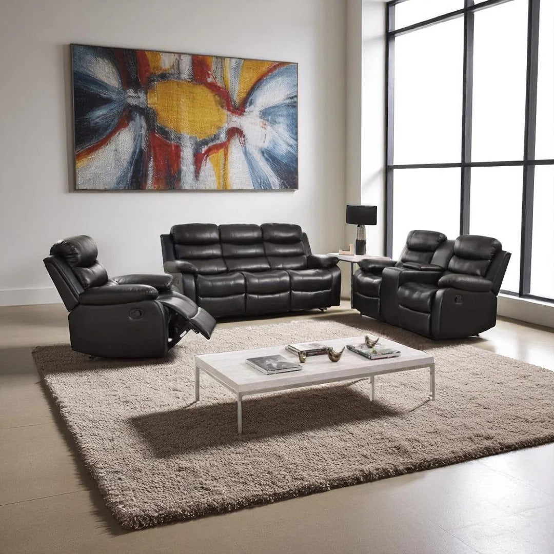 Sereno Recliner Set Black | 3-Piece Manual Recliner Chair, Loveseat & Sofa