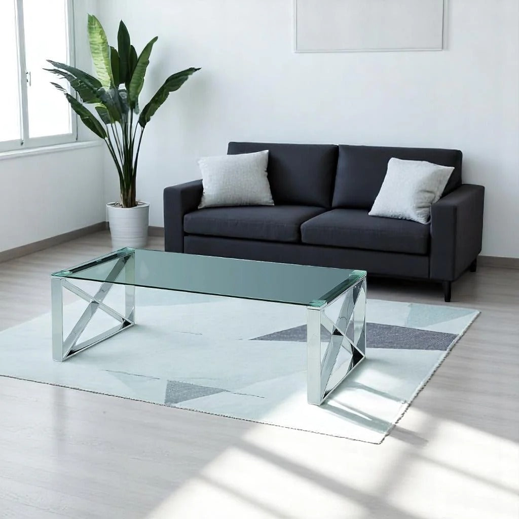 Ascend Coffee Table – Clear Tempered Glass Top & Chrome Stainless Steel Base