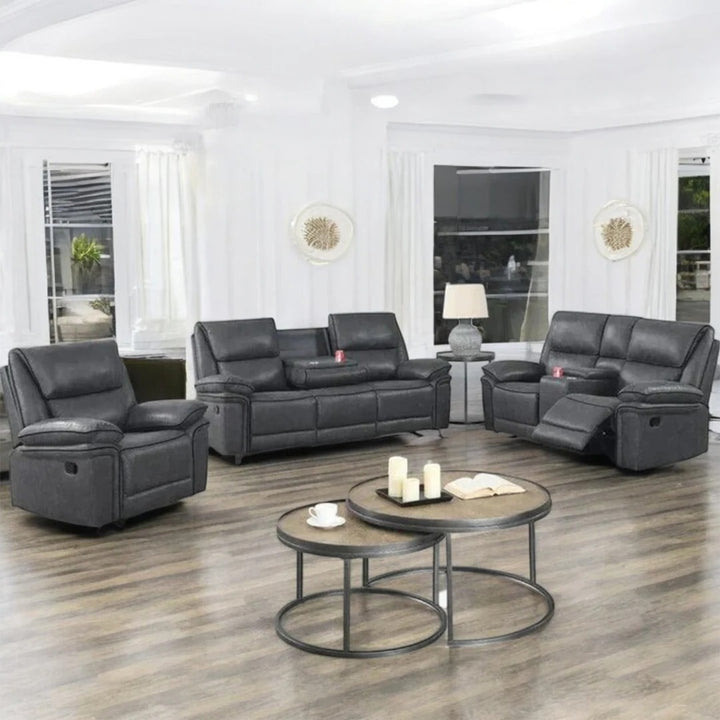 Kairo Recliner Set – Charcoal Aire-Leather, 3-Piece Manual Recliner Set