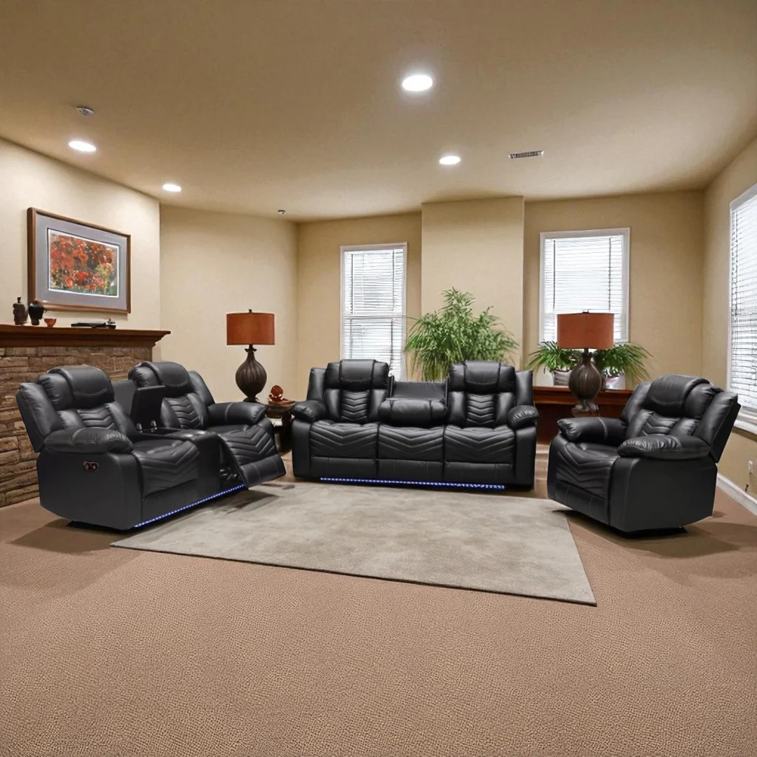 Orion Recliner Set – Power Recliner Chair, Loveseat & Sofa with Bluetooth Speakers, LED Lighting, and Storage Console
