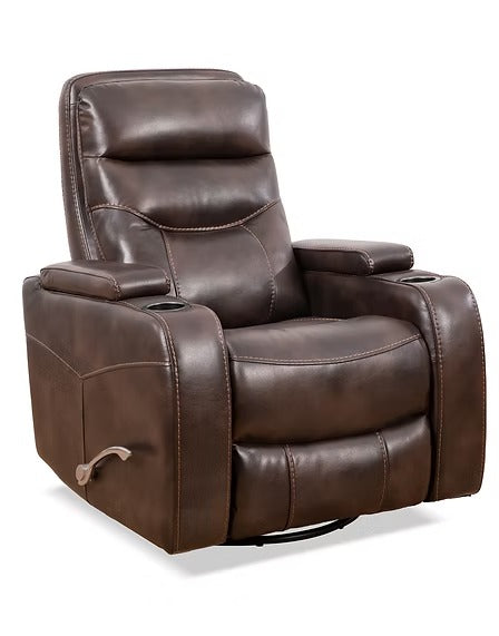 Quinvara Recliner Chair with Pull Handle, Swivel Glider Mechanism, Cup Holders, Storage Arms &amp; Zero Wallhugger Design in Soft Brown PU