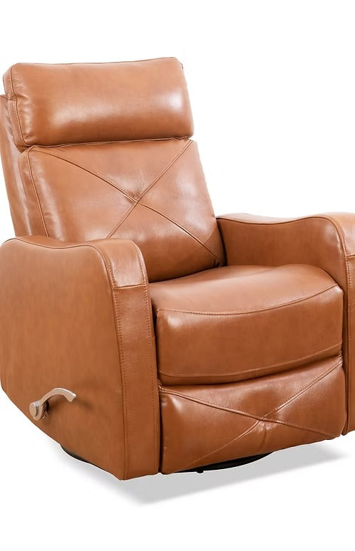 Wervano Recliner Chair with Side-Mounted Steel Pull Handle, Swivel &amp; Glider Mechanism, Zero Wallhugger Design in Soft Brown Leather Match