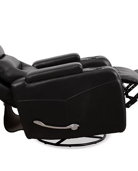 Quinvara Recliner Chair with Pull Handle, Cup Holders, Swivel Glider Function, Storage Arms & Zero Wallhugger Design in Soft Black PU