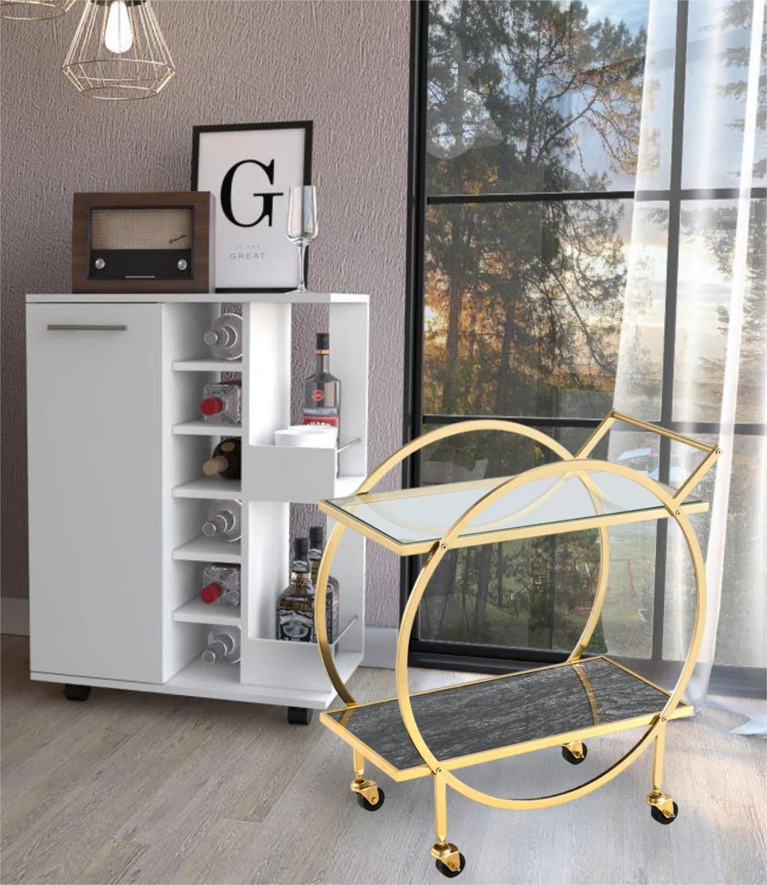Prestige Kitchen Cart – Gold Metal Frame & Glass Shelves