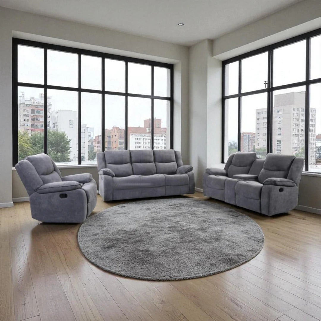 Sereno Recliner Set Grey | Manual Recliner Chair, Loveseat & Sofa with Linen Upholstery