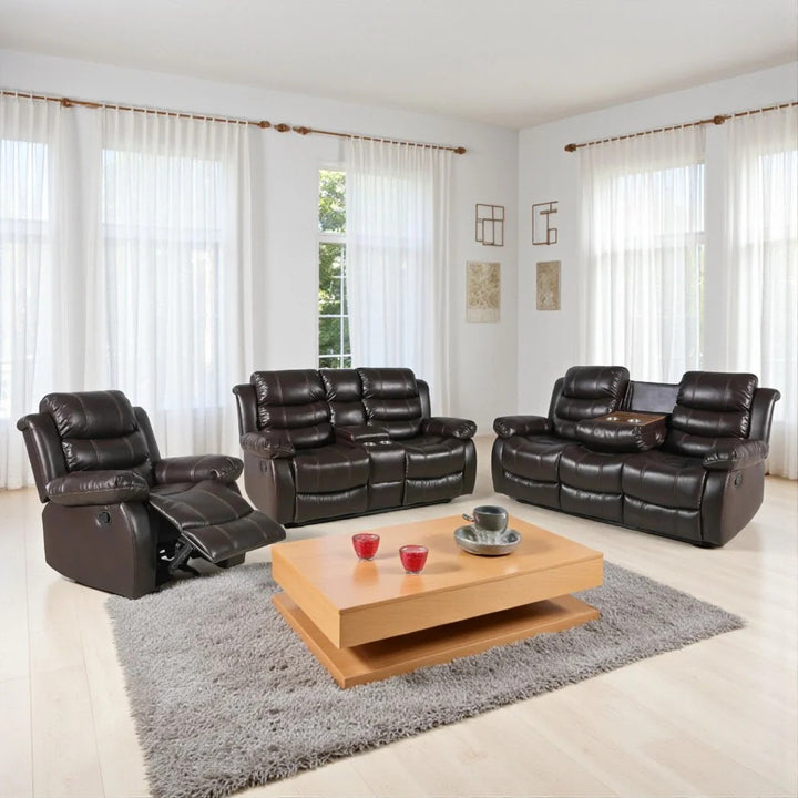 Sereno Recliner Set Brown | 3-Piece Manual Recliner Chair, Loveseat & Sofa