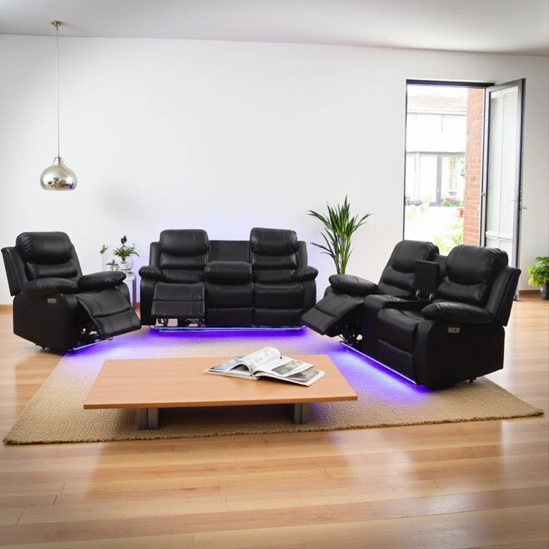 Sereno Black Power Recliner Set | Chair, Loveseat & Sofa with LED