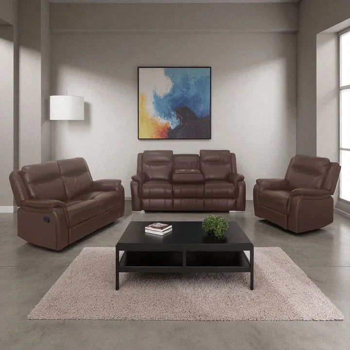 Hilton Recliner Set – Brown Manual Recliner Chair, Loveseat & Sofa with Dropdown Tray and Cup Holders