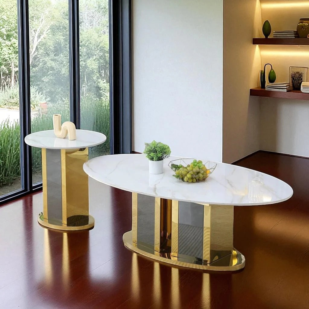 Vittoria 3-Piece Coffee Table Set – Marble Top & Gold/Smoke Base