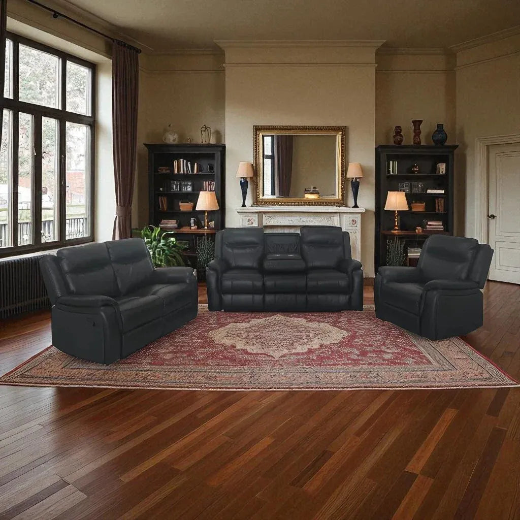 Lunaro Recliner Set – Black Manual Recliner Chair, Loveseat & Sofa with Dropdown Tray and Cup Holders
