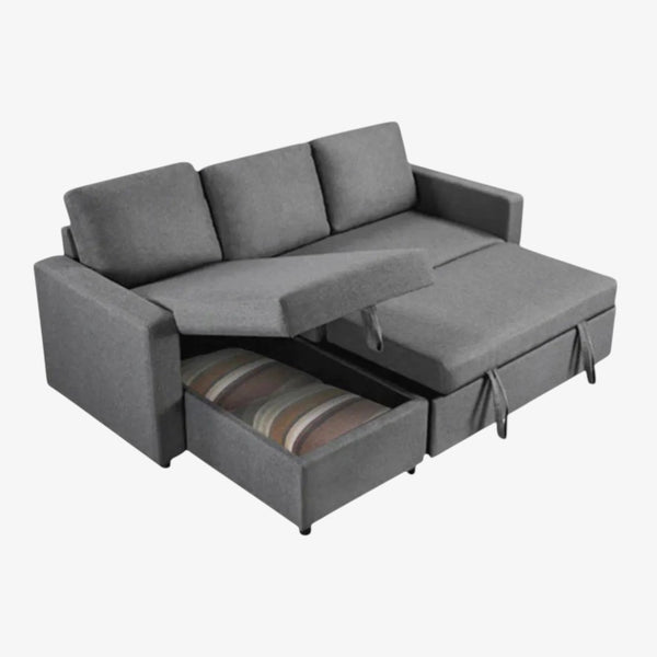 Serene Fabric Upholstered Sectional Sofa Bed - Grey | Minimalistic, Durable, Reversible, Comfortable & Storage Solution