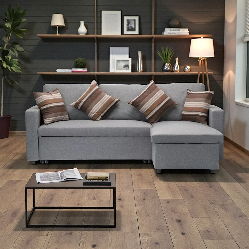 Serene Fabric Upholstered Sectional Sofa Bed - Grey | Minimalistic, Durable, Reversible, Comfortable & Storage Solution
