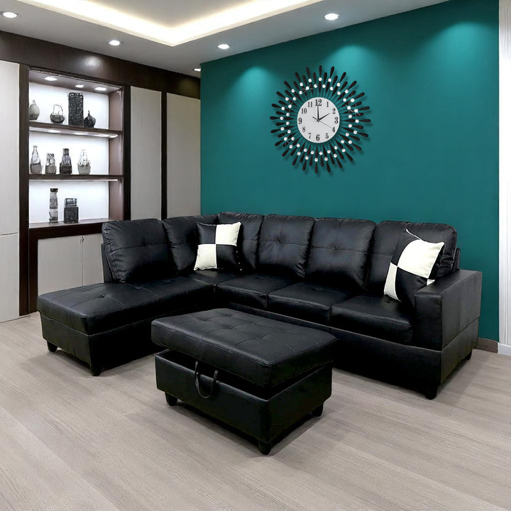 Alen Sectional Sofa With LHF Chaise & Storage Ottoman - Black | Available In LHF/ RHF Configuration