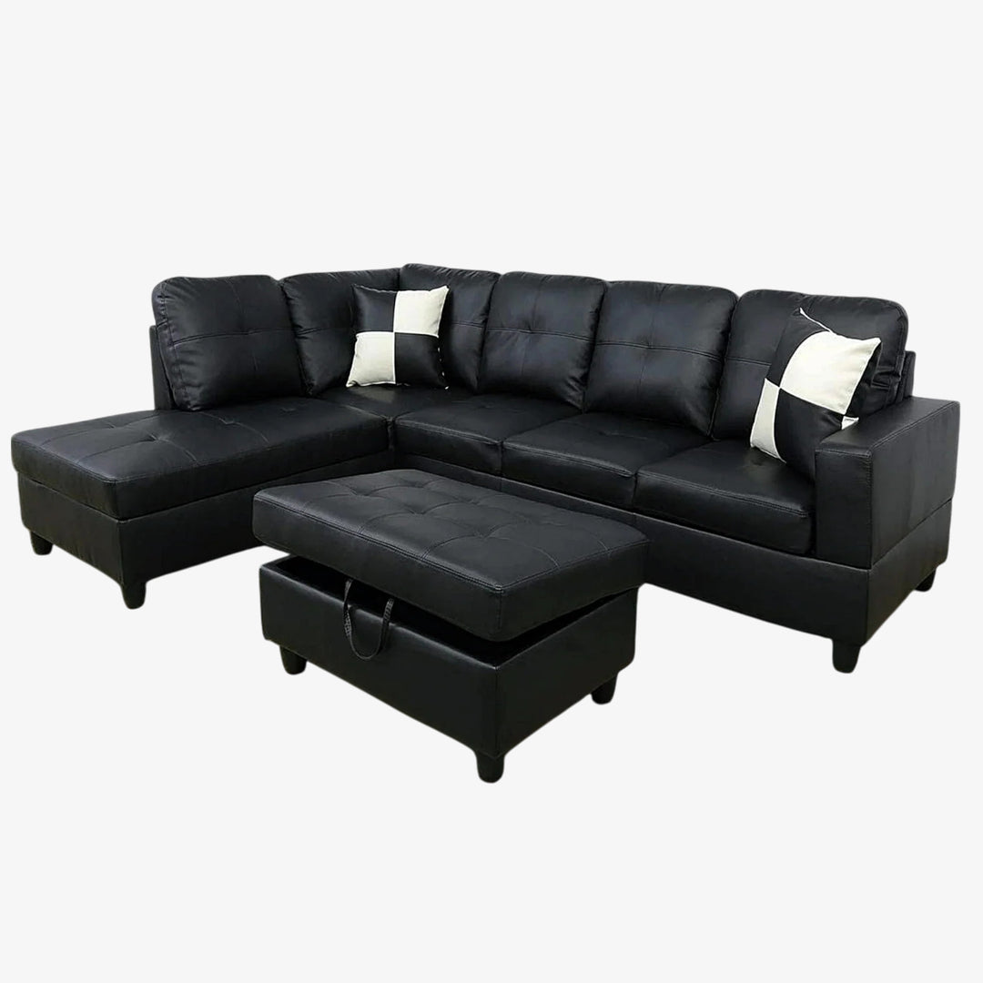 Alen Sectional Sofa With LHF Chaise & Storage Ottoman - Black | Available In LHF/ RHF Configuration