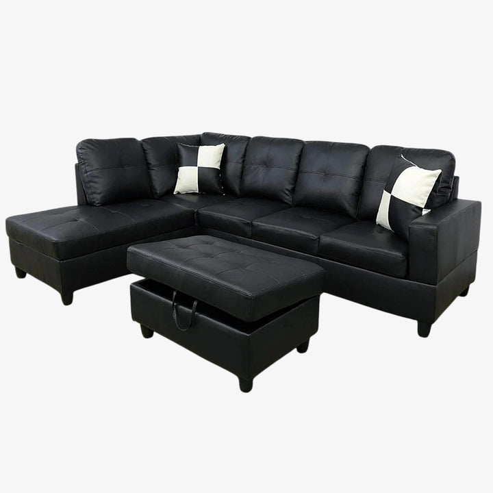 Alen Sectional Sofa With LHF Chaise & Storage Ottoman - Black | Available In LHF/ RHF Configuration