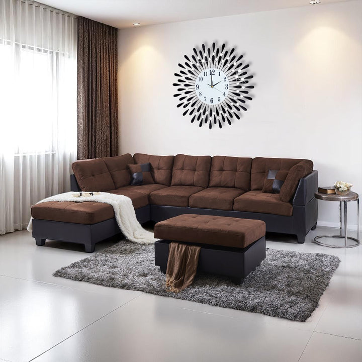 Sona Fabric Upholstered Sectional Sofa With LHF Chaise & Storage Ottoman - Chocolate | Modern, Durable & Comfortable