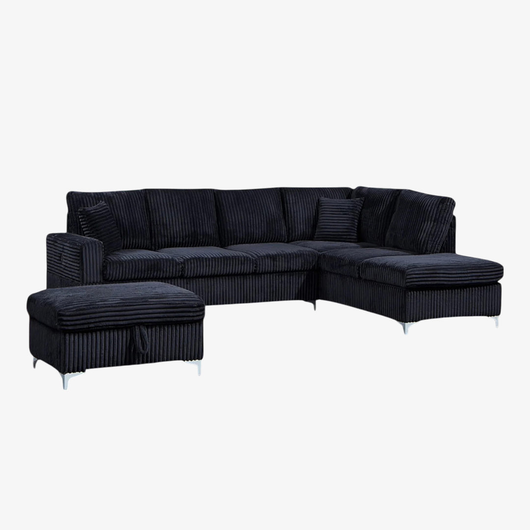 Serene Fabric Upholstered Sectional Sofa with Dual Corner Chaise - Black | Stylish, Sturdy, Comfortable & Affordable