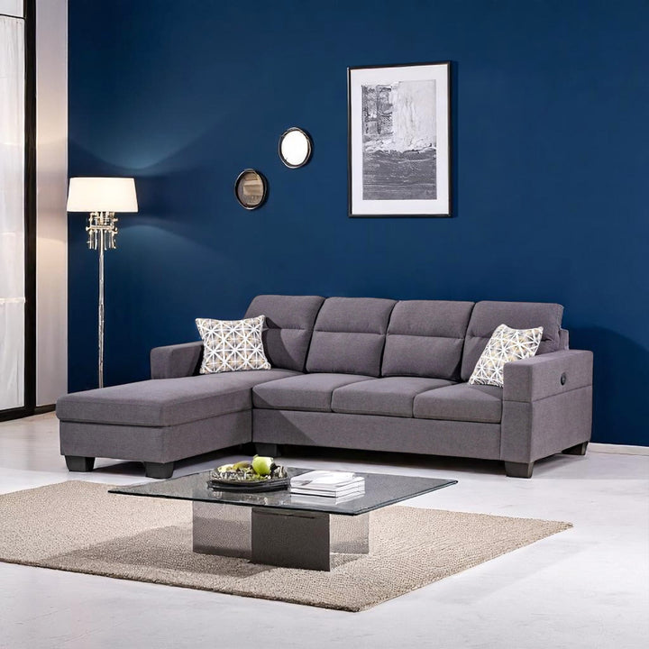 Ivy Fabric Upholstered Sectional Sofa With Built-In USB Charging Ports - Grey | Available In LHF/ RHF Configuration