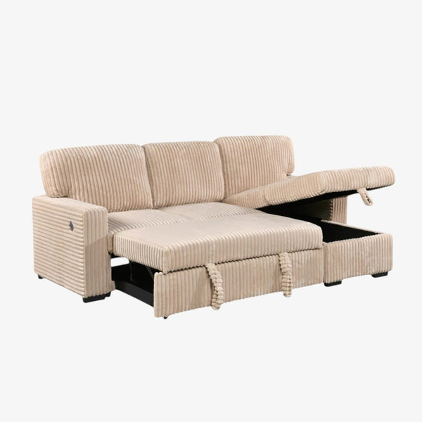 Crystal Fabric Upholstered Sectional Sofa Bed With USB Charging Ports - Beige | Timeless, Sturdy, Reversible, Comfortable & Storage Solution
