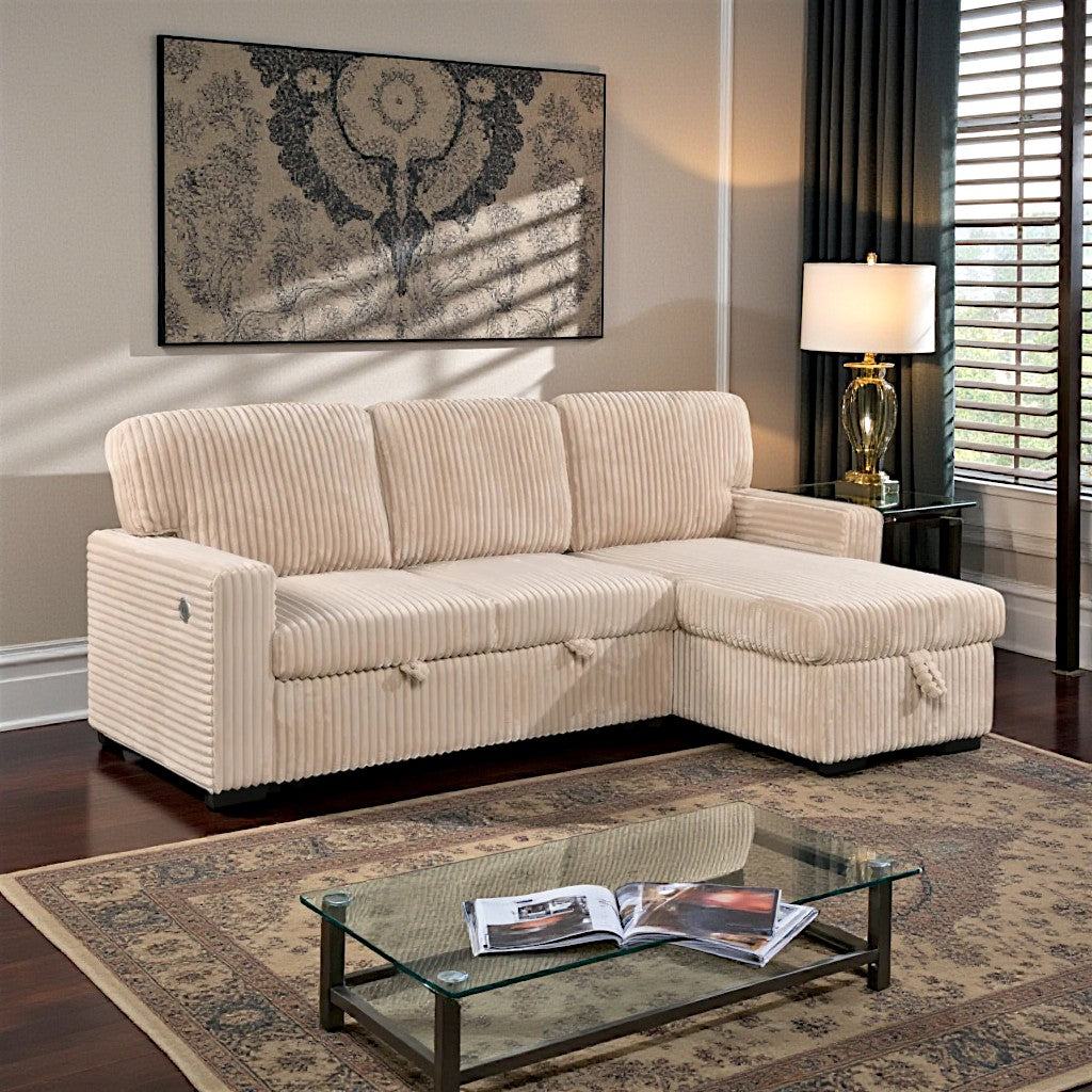 Crystal Fabric Upholstered Sectional Sofa Bed With USB Charging Ports - Beige | Timeless, Sturdy, Reversible, Comfortable & Storage Solution