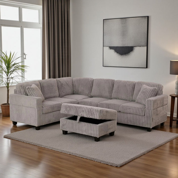 Opaline Fabric Upholstered Sectional Sofa With Storage Ottoman - Grey | Stylish, Sturdy, Reversible, Comfortable & Storage Solution